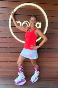 sukně na cvičení kangoo jumping bílá - růžová skákačka z boku